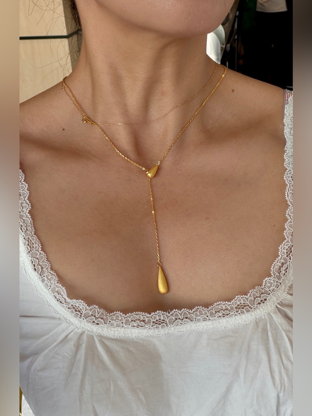 New 18K Gold Plated S925 Sterling Silver Teardrop Lariat Y Necklace